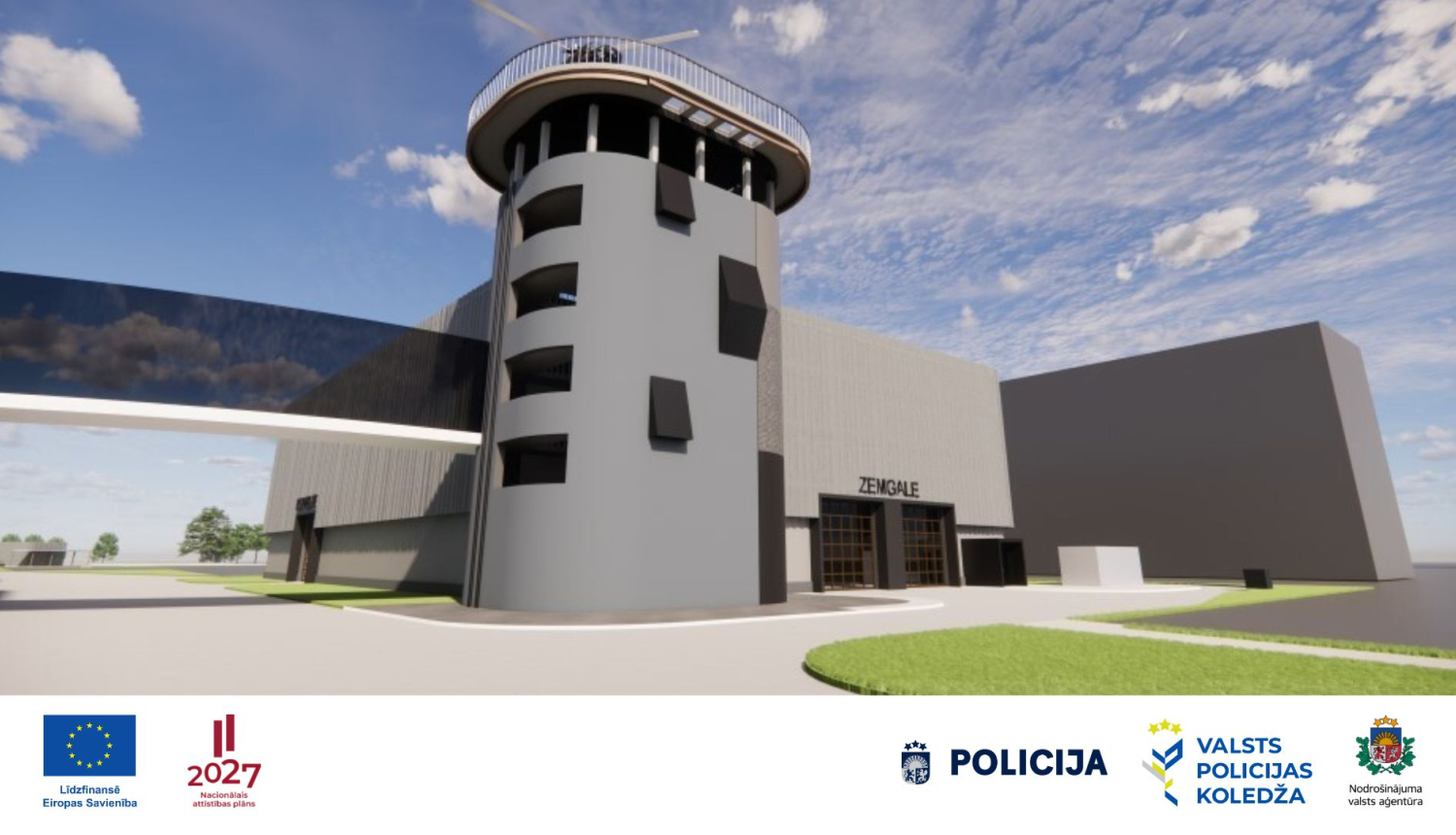 D vizualizācija topošajam Valsts policijas koledžas mācību centram 'Zemgale', kurā redzama moderna ēka ar apmācību torni un savienojošo tiltu. Attēlā redzami arī projekta partneru logotipi: Eiropas Savienība, Nacionālais attīstības plāns 2027, Valsts policija, Valsts policijas koledža un Nodrošinājuma valsts aģentūra.